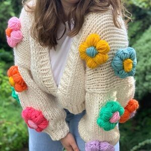 Cream Chunky Knit Sweater with Colorful Flowers